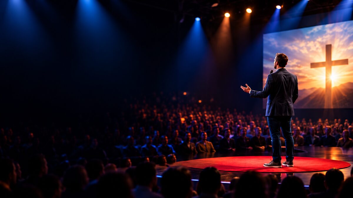 A GOD TALKS speaker addressing an audience on stage, with a cross displayed on the screen behind